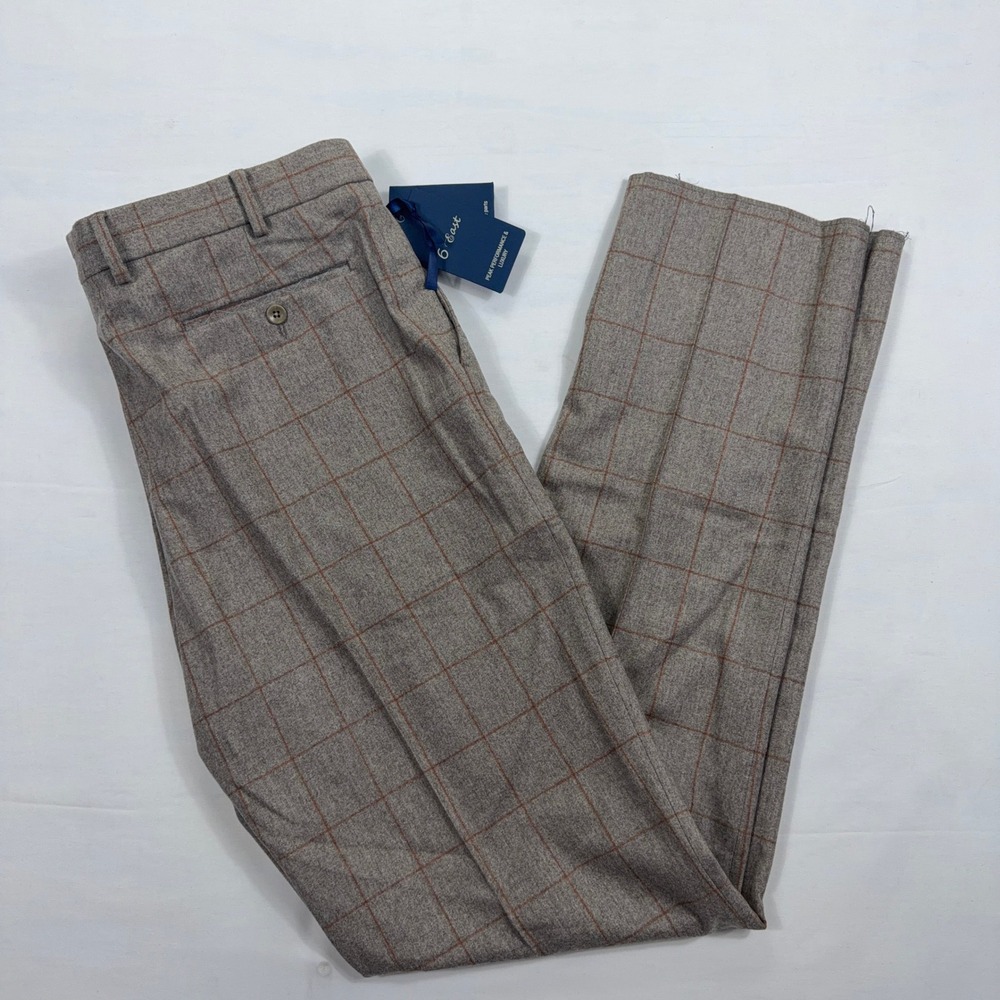 6 East Men Brown Tan Vitale Barberis Wool Dress Pants 38 Unhemmed NWT Windowpane